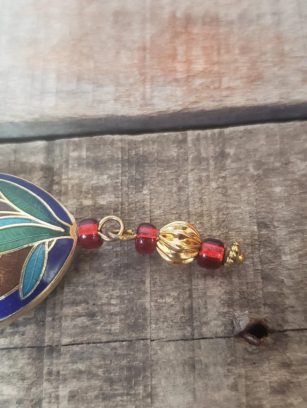 CLOISONNE PENDANT On BEADED NECKLACE Tulips & Butterfly